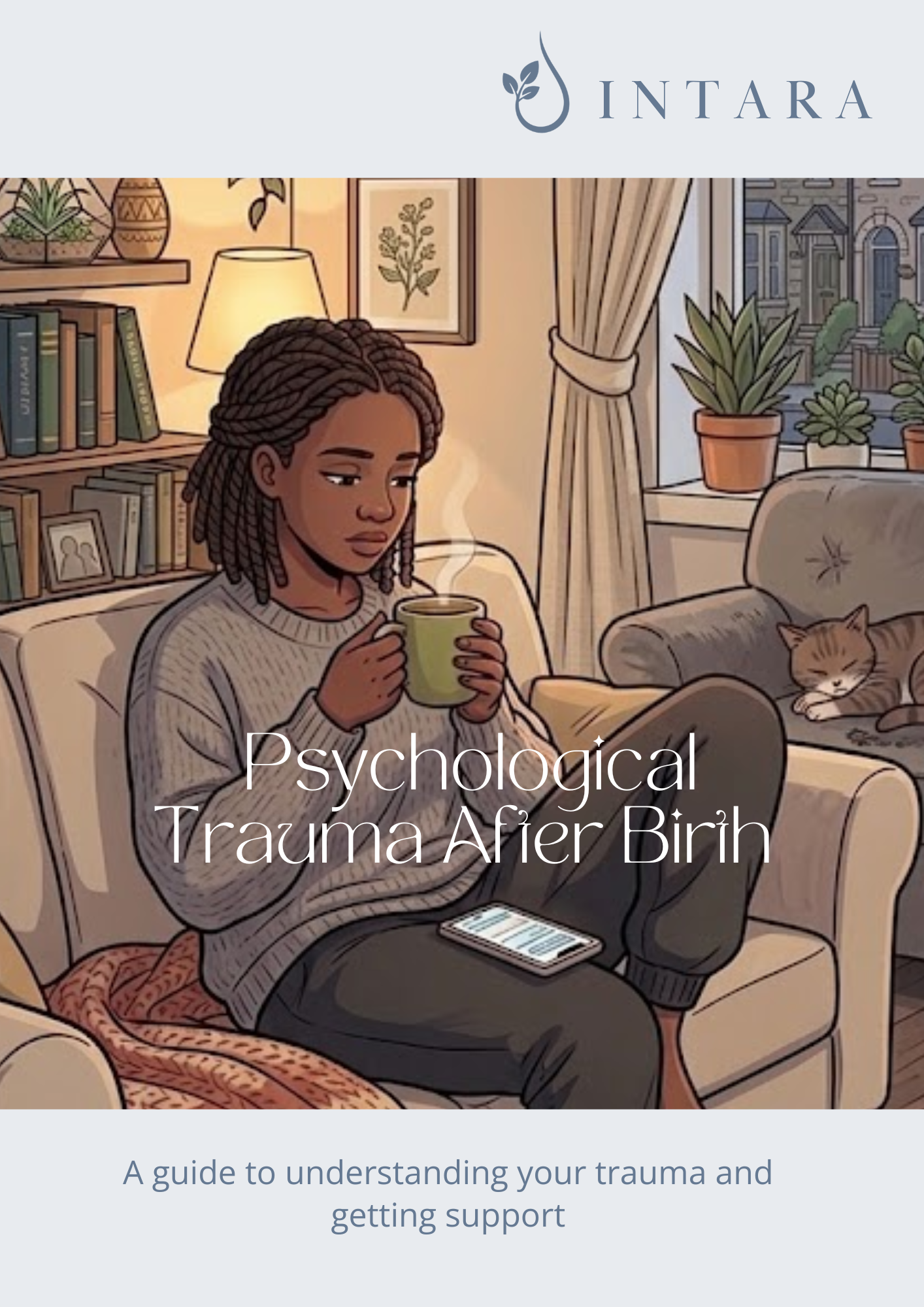 An illustration of a woman with braids sitting on a couch, holding a mug, with a cat curled up nearby. The room has a bookshelf, framed art, curtains, and potted plants, with a window showing a street scene outside. Overlaid text reads "Psychological Trauma After Birth".
