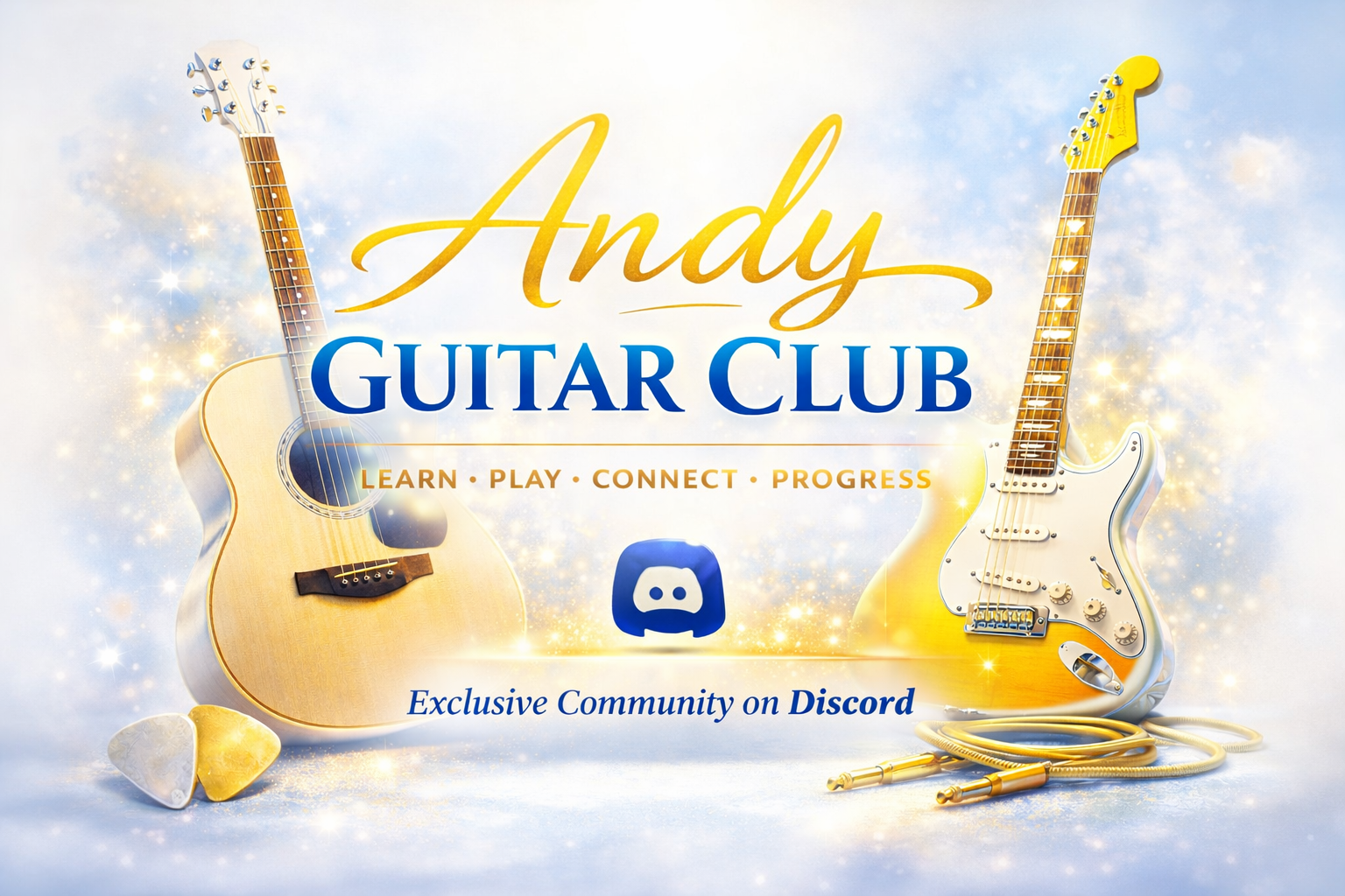 Advertisement for Andy Guitar Club featuring a light-colored acoustic guitar and a yellow electric guitar on a sparkly background, with text promoting learning, playing, connecting, and progressing through a Discord community.