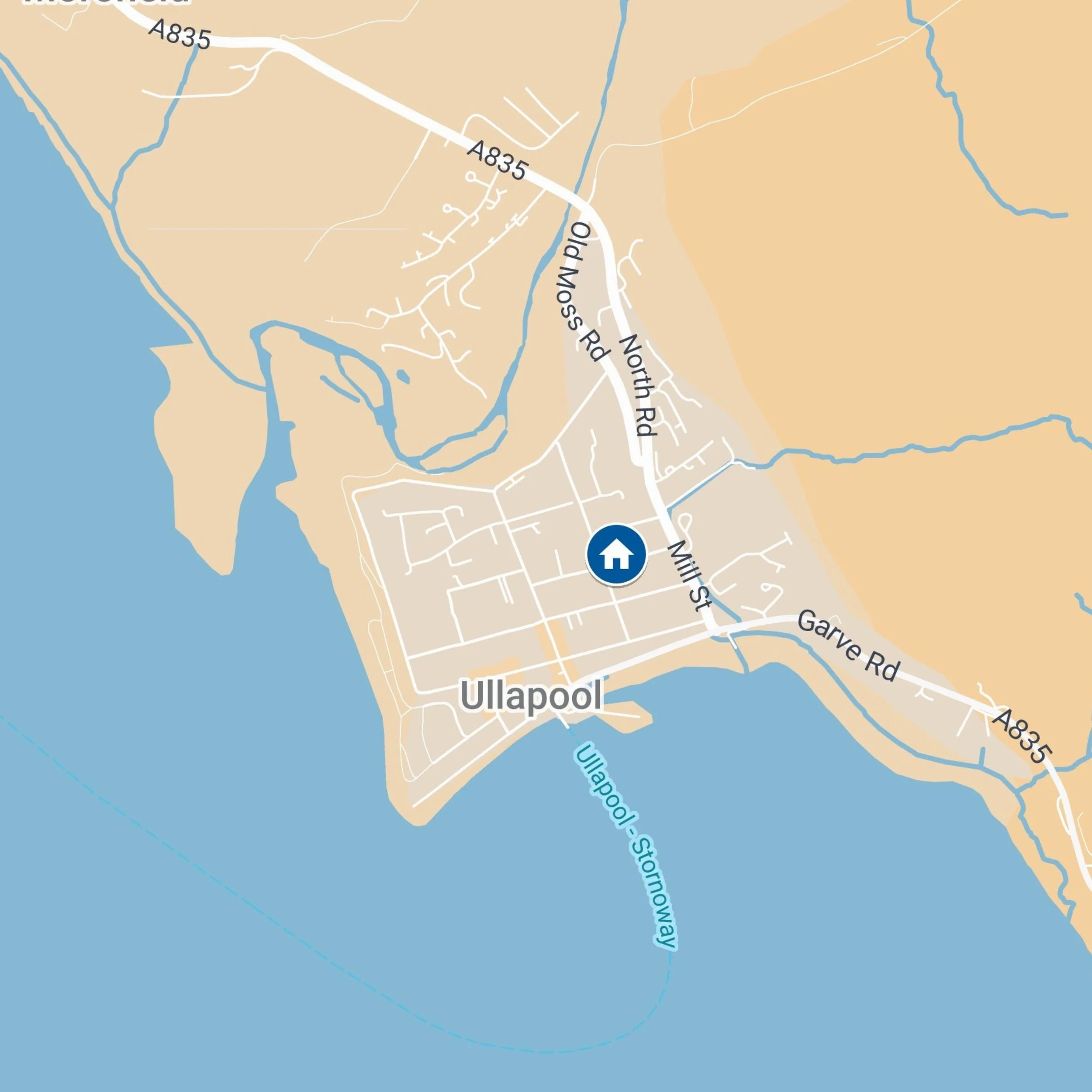 Map showing the town of Ullapool with landmarks including Ullapool-Stornoway ferry route, Loch Broom, and roads like A835, Mill Street, Garve Road, and North Road.
