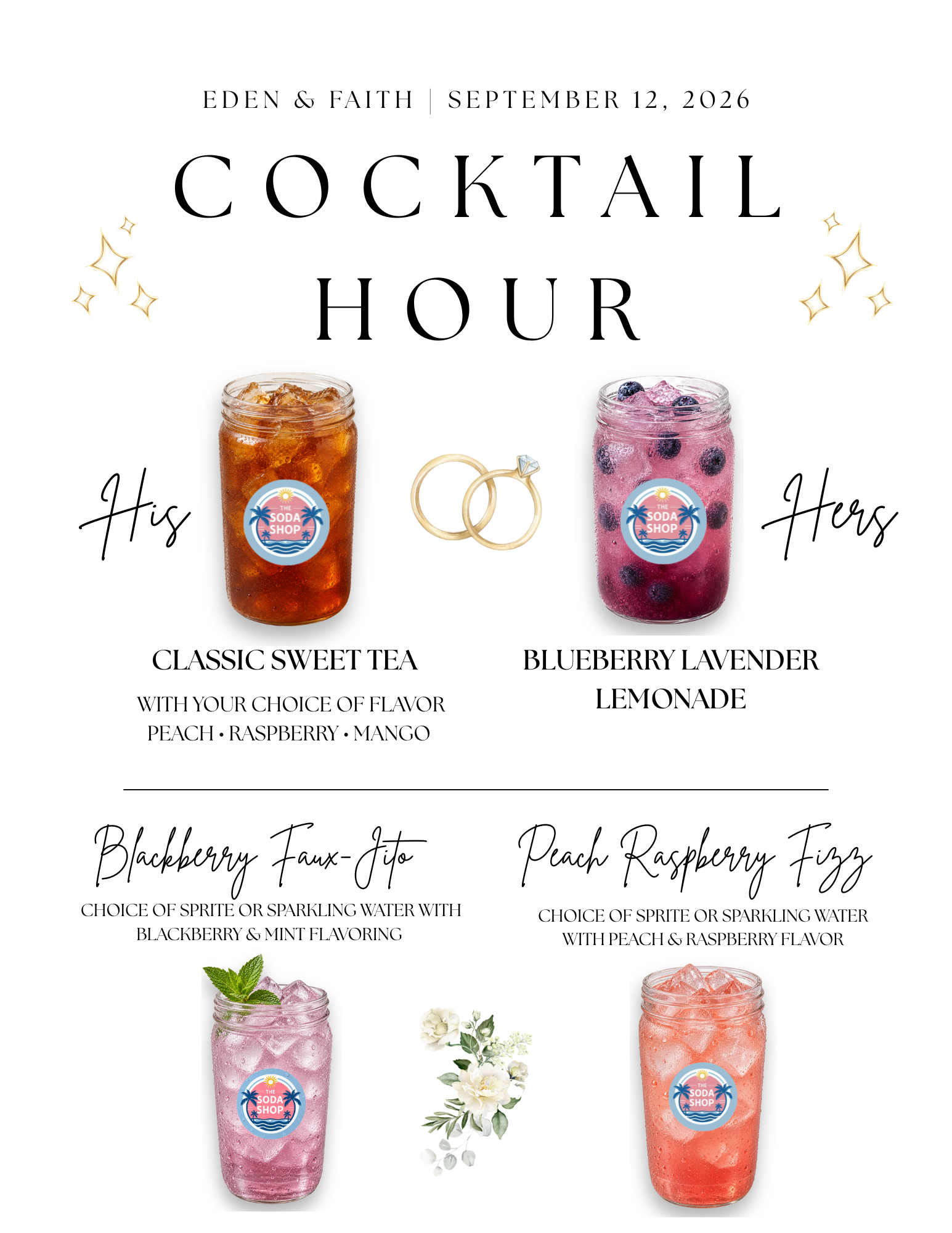 A promotional flyer for a cocktail hour event at The Soda Shop on September 12, 2026, featuring two drink options: Blackberry Faux-Jito and Peach Raspberry Fizz, with images of colorful drinks in mason jars adorned with the store's logo, and decorative elements like gold stars and rings.