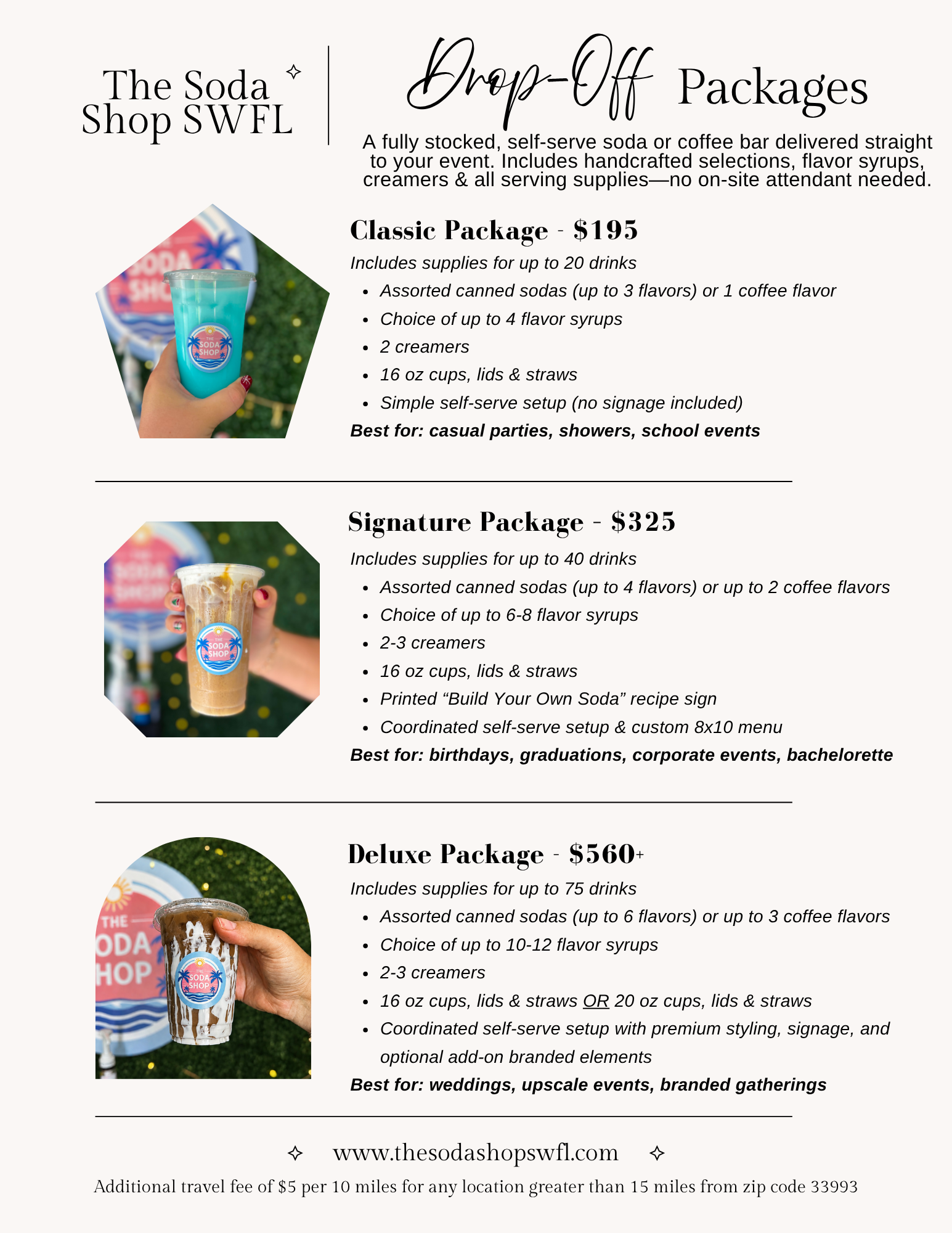 A menu for The Soda Shop SWFL displaying various soda packages with prices and descriptions, accompanied by images of hand holding drinks with the shop logo, emphasizing self-serve soda and coffee options for different event types.