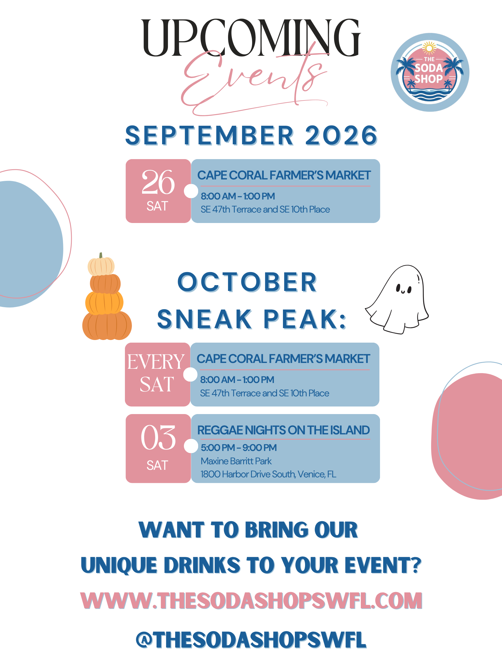 Event schedule poster for The Soda Shop in September and October 2026, featuring events at Cape Coral Farmer's Market and other locations, with illustrations of pumpkins, a ghost, and a tropical sunset logo.