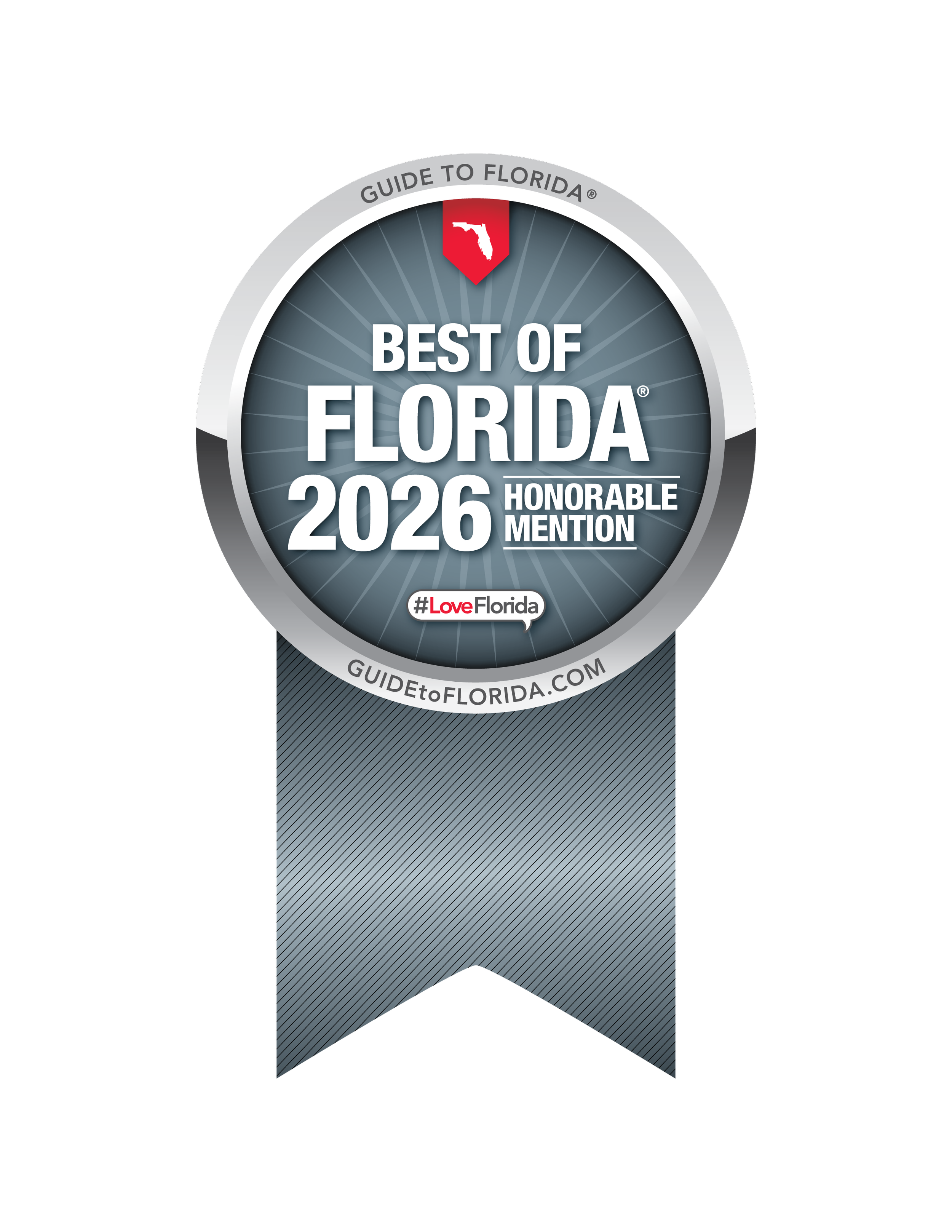 A circular badge with a silver border and dark blue background, reading 'Best of Florida 2026 Honorable Mention' with a red Florida state icon at the top and a hashtag '#LoveFlorida' at the bottom.