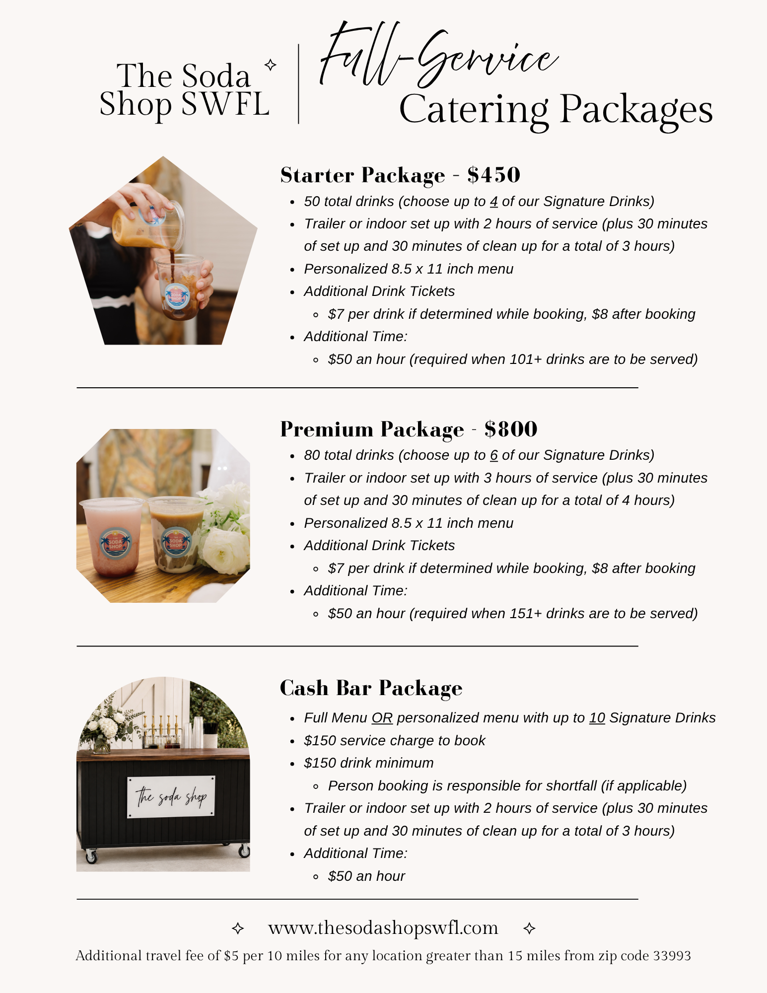 Image of catering packages from The Soda Shop SWFL. The top part lists the Full-Service Catering Packages with prices, features, and images of drinks. The first package is the Starter Package costing $450, including 50 drinks, setup, and personalized menu. The second is the Premium Package at $800, offering 80 drinks and additional service. The bottom part shows the Cash Bar Package with a photo of a mobile bar cart and details about costs and minimums. The website URL www.thesodashopswfl.com is displayed.