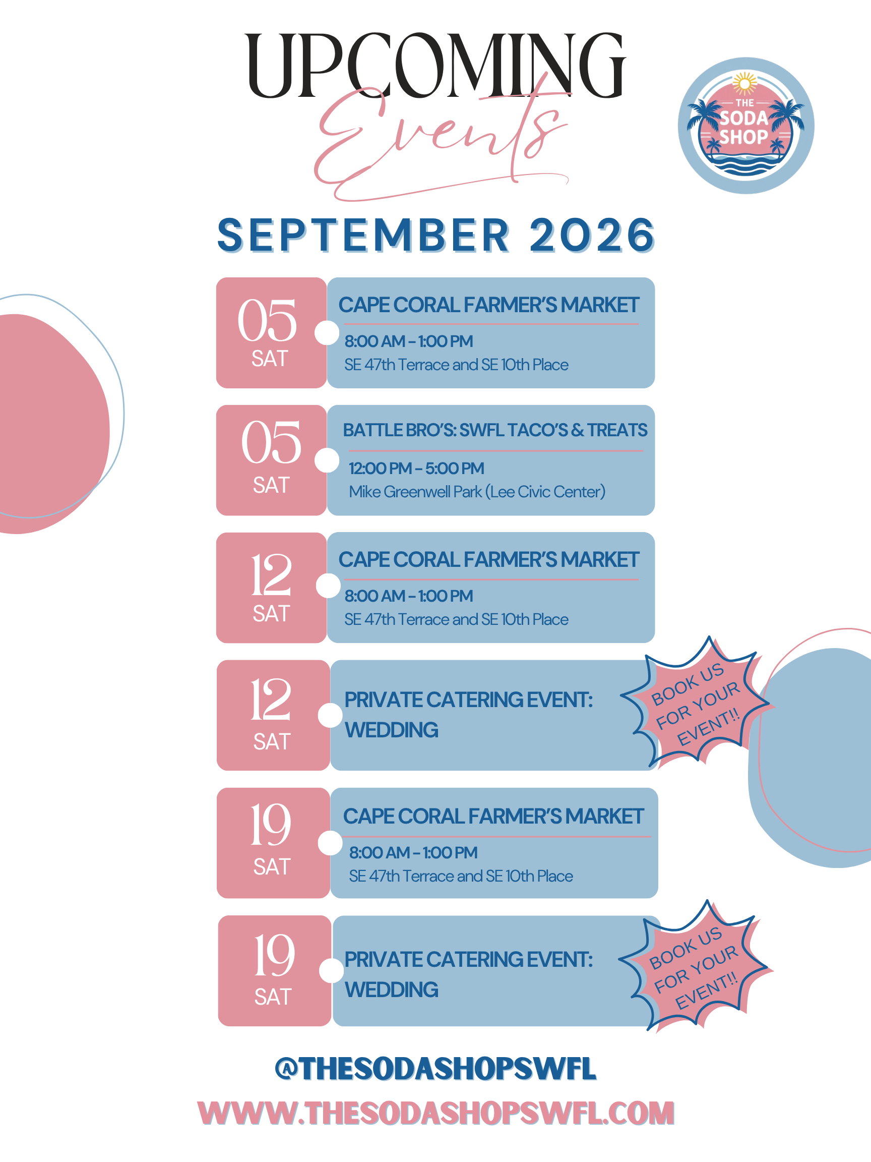 An event schedule poster for The Soda Shop SWFL in September 2026. It lists multiple events on Saturdays, including a Farmer's Market at Cape Coral and a private wedding catering event. The poster includes the shop's logo, social media handle (@thesodashopswfl), and website (www.thesodashopswfl.com) with a tropical theme.