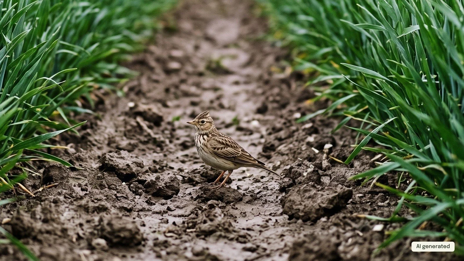 A skylark standing on a patch of bare, damp soil between stands of young green winter wheat