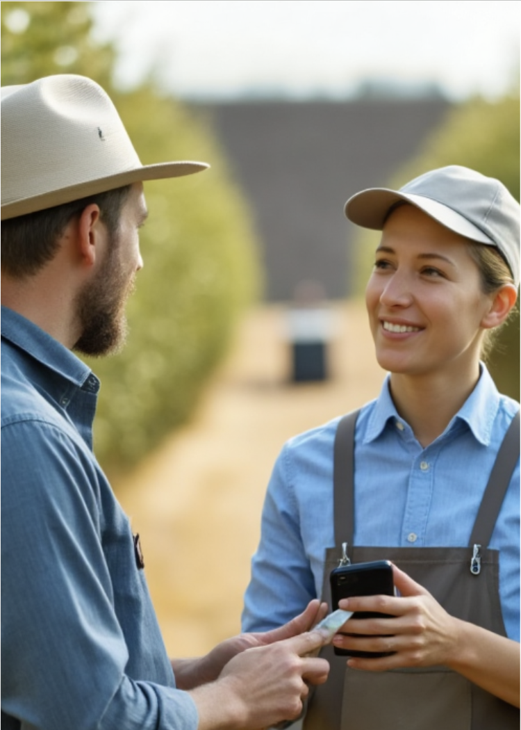 A man and a woman are outdoors, talking, with the woman showing something on a mobile phone to the man. They are dressed casually, and the background suggests a farm or rural area.