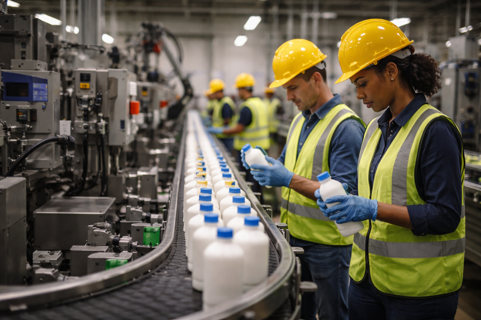 photorealistic image of a modern factory floor producing consumer goods