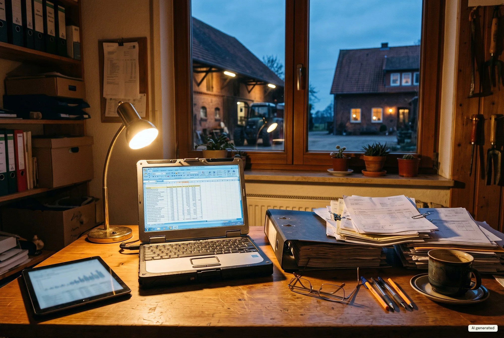 A farm office desk at dusk with a laptop spreadsheet, a binder and a stack of differently formatted paper forms