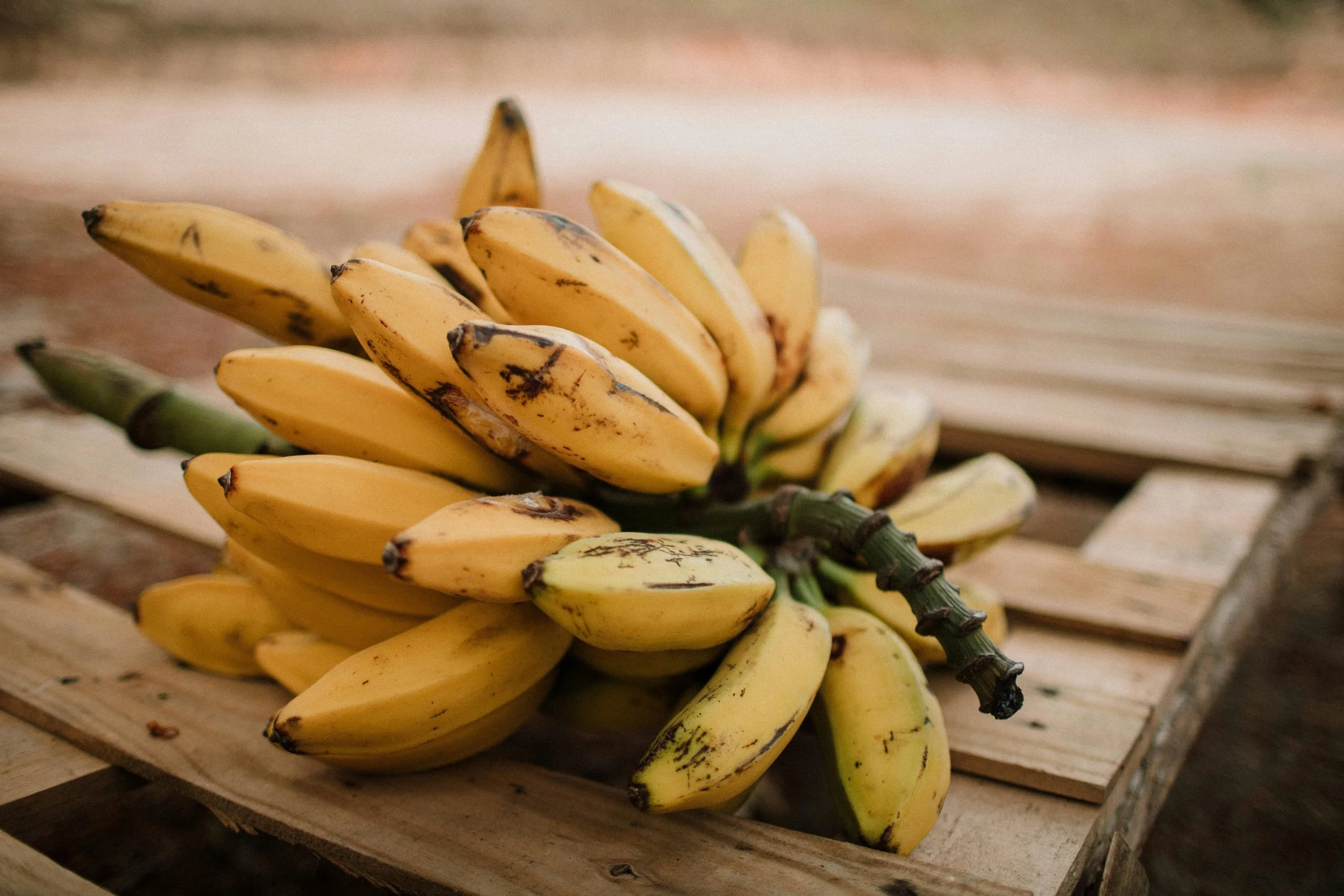 A bunch of ripe yellow bananas resting on a wooden crate, with a soft, blurred background.
