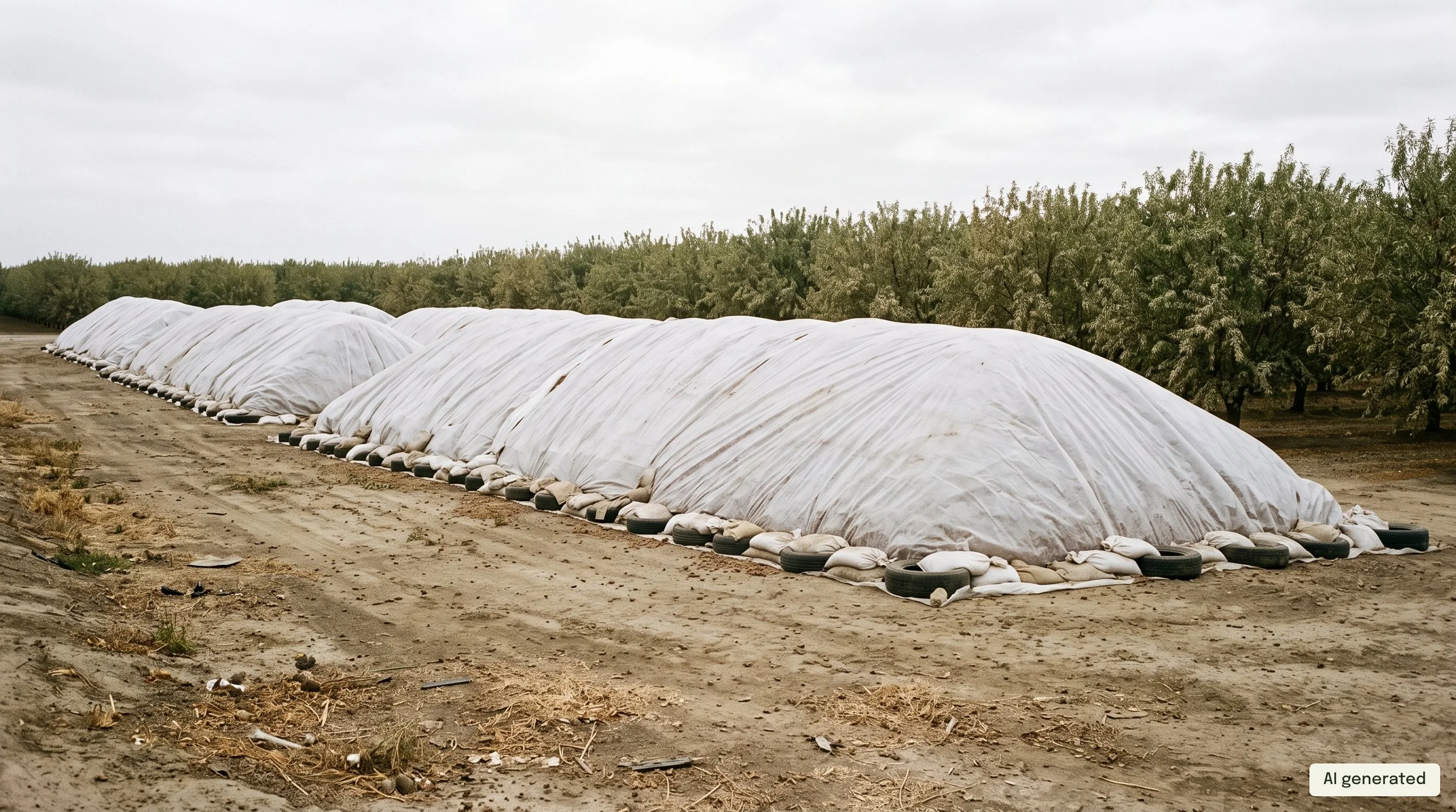 Long almond stockpiles covered in white tarps at the edge of an orchard after harvest