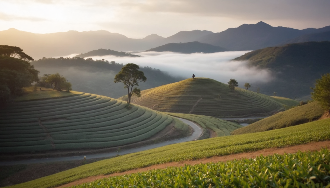 A breathtaking tea plantation at golden hour