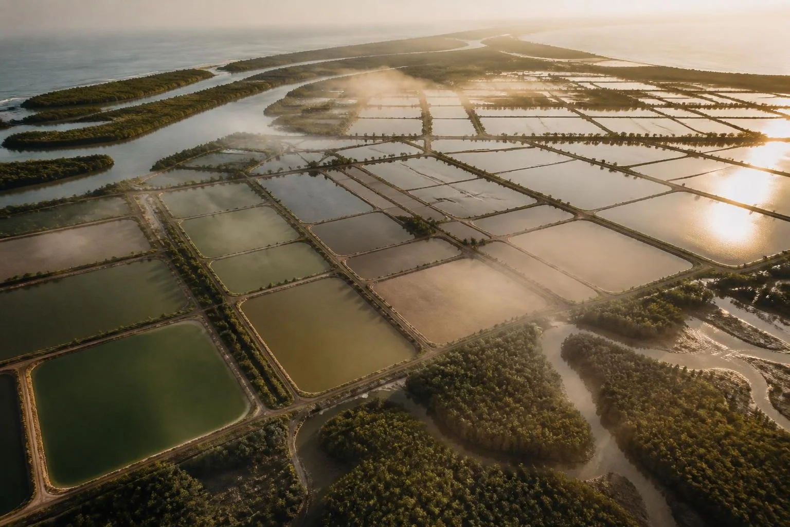 Aerial view of coastal shrimp ponds at sunrise, a grid of flooded ponds separated by earthen dikes and lined with mangroves.