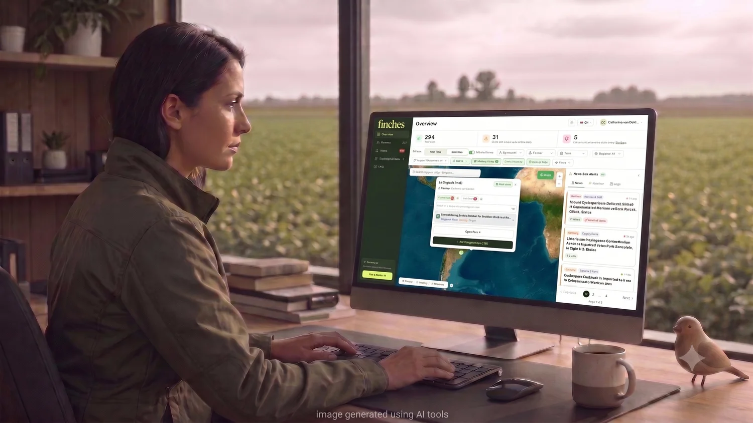 A sourcing manager at her desk reviewing Finches, with fields outside the window