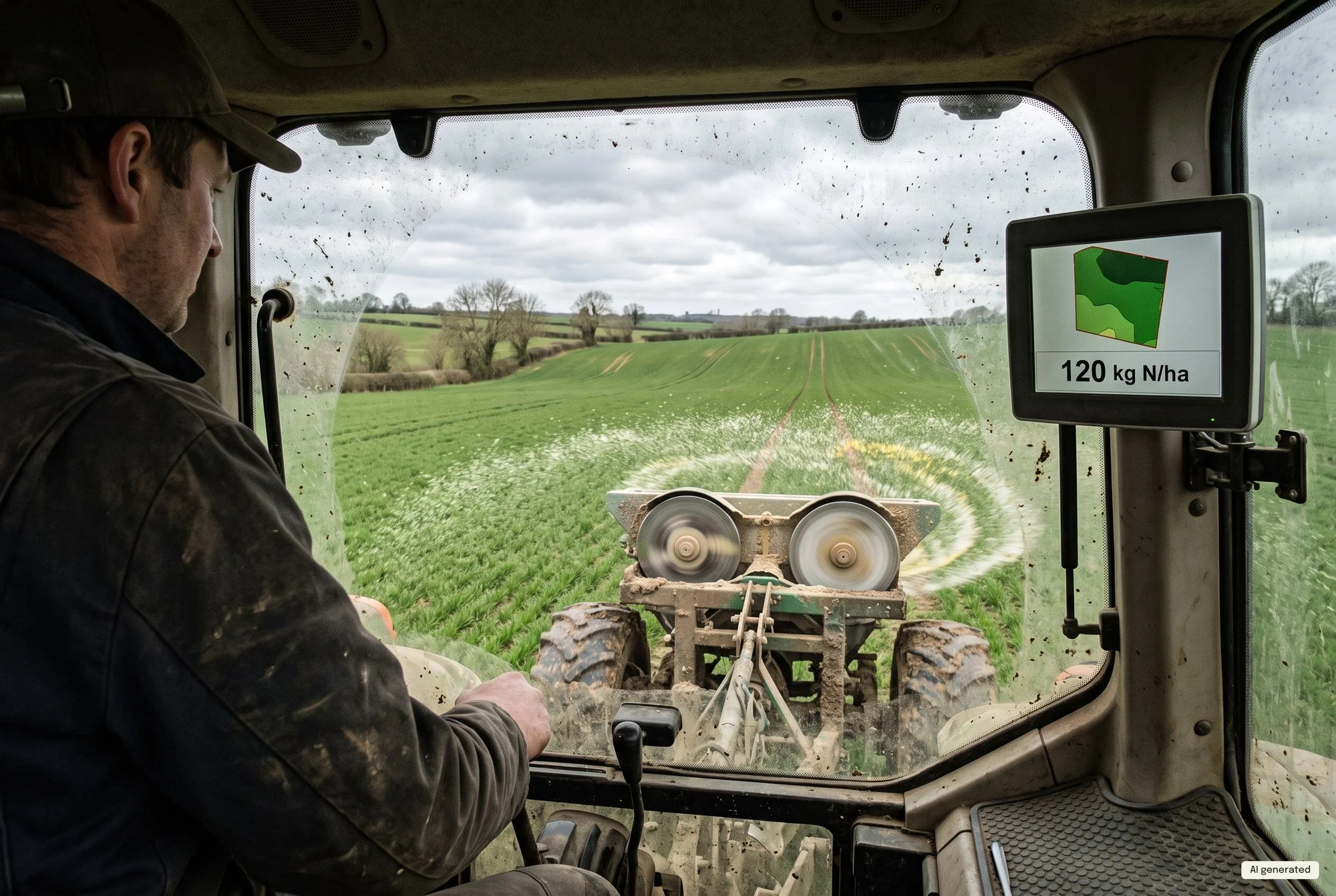 View from a tractor cab of a fertilizer spreader at work in green wheat, the terminal showing 120 kg N/ha