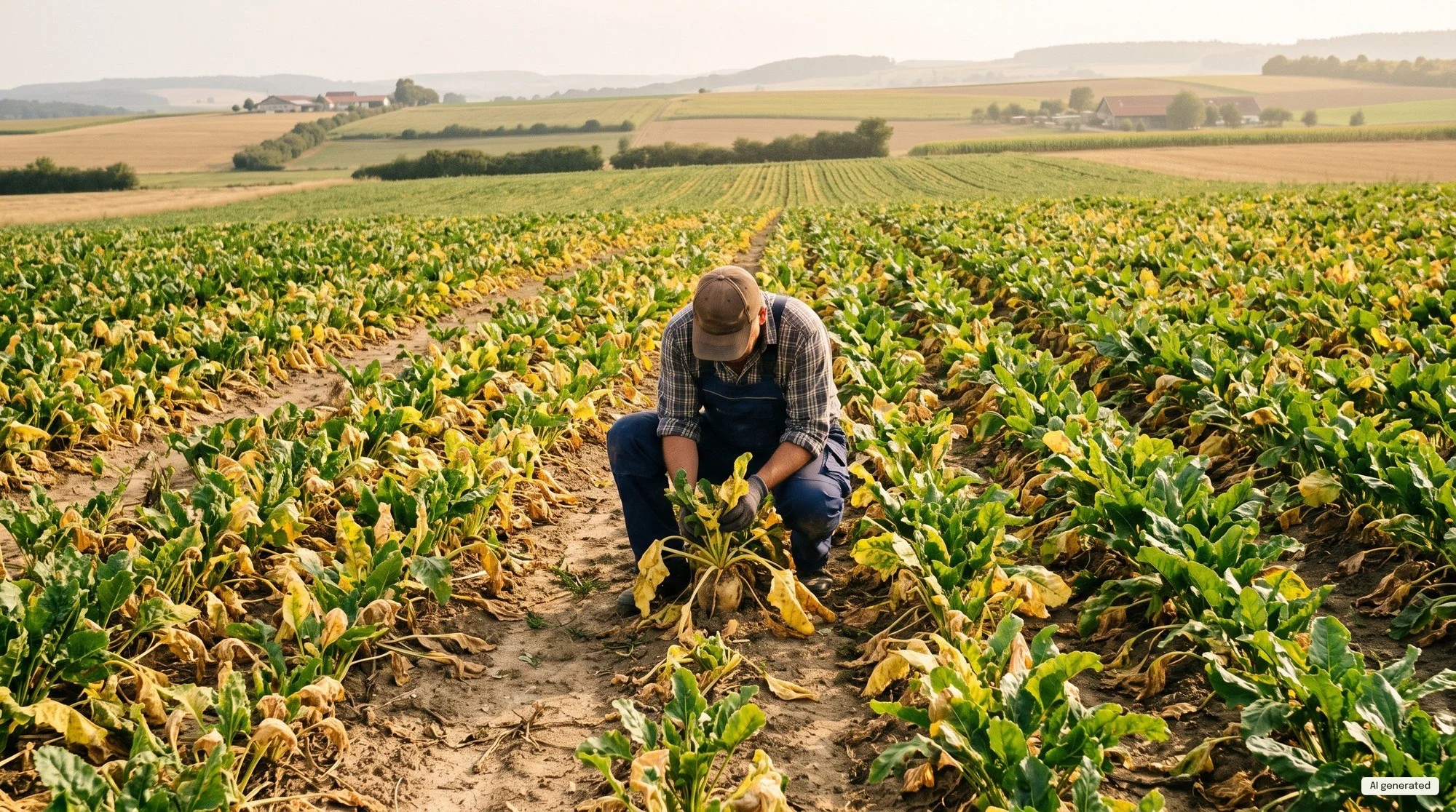 A farmer kneeling in a sugar beet field in late summer, inspecting a plant among rows of yellowing leaves