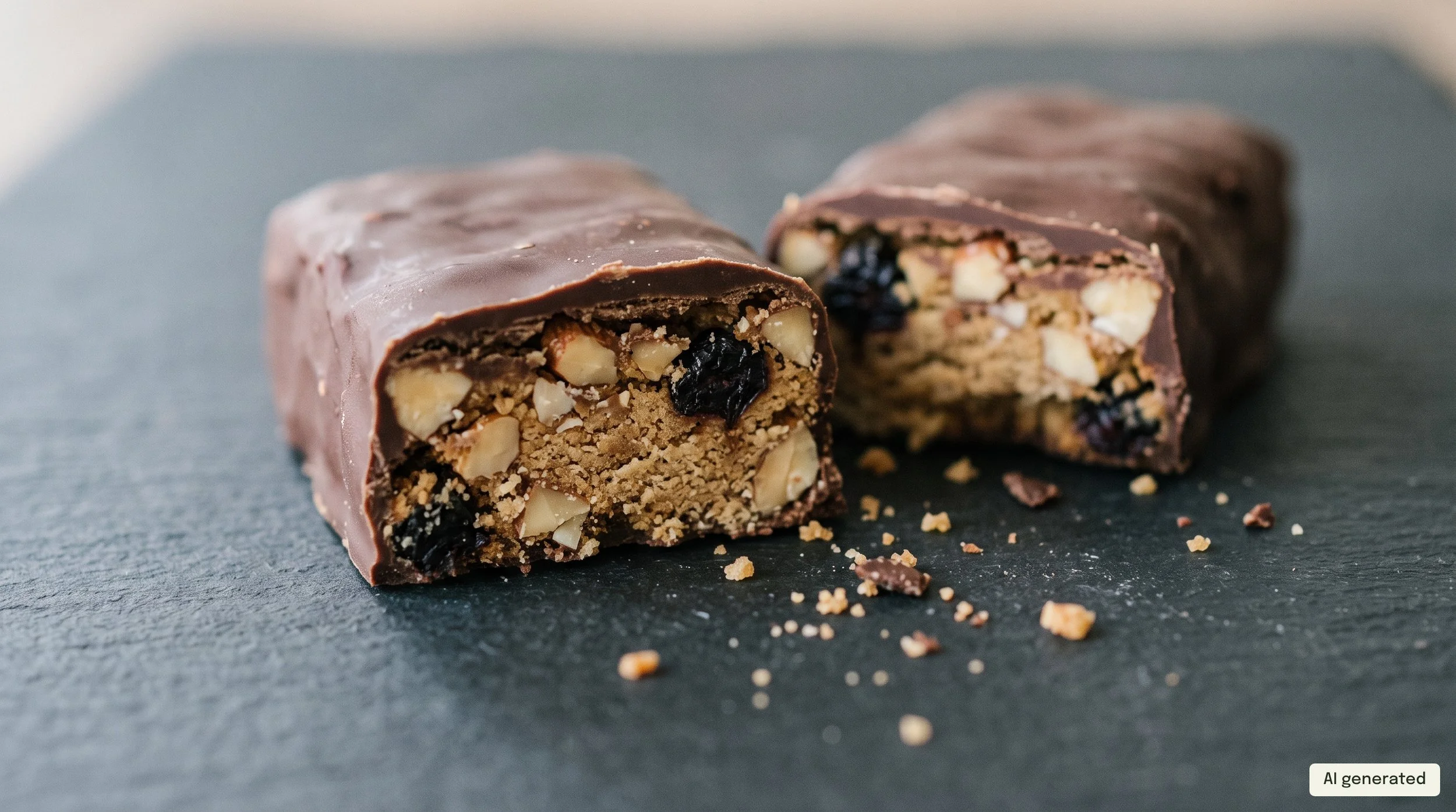 Cross-section of a chocolate-coated snack bar showing biscuit crumb, almond pieces and dried berries