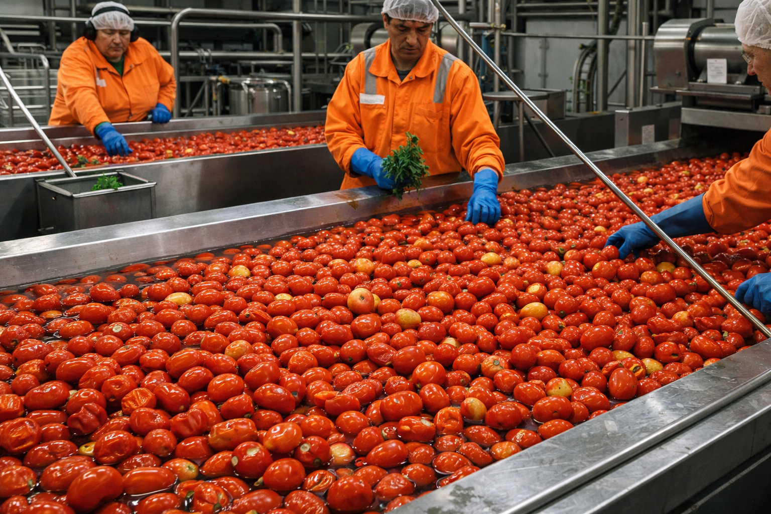 Tomato processing in a factory