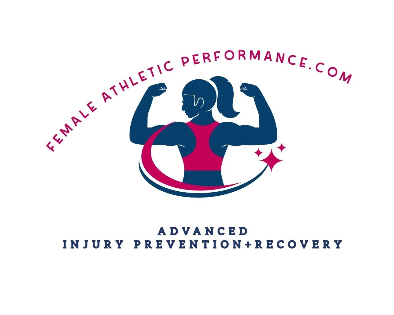 Logo of Female Athletic Performance with a muscular woman flexing her arms, wearing a pink sports bra, surrounded by pink and white swoosh and star icons, and text promoting advanced injury prevention and recovery.