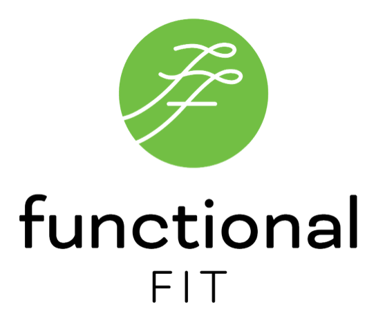 Logo with a green circle containing black cursive lines and the words "functional fit" in lowercase black text.