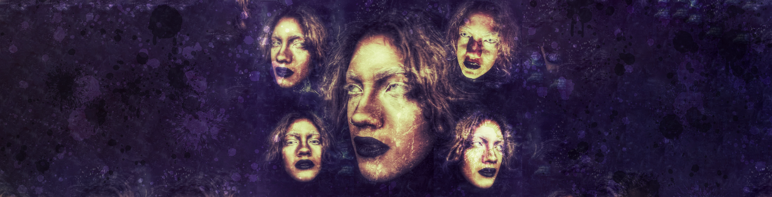 Collage of Lead singers face with different expressions, set against a dark purple, splattered background.