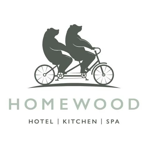 Logo with two bears riding a tandem bicycle, and the text "HOMEWOOD HOTEL | KITCHEN | SPA"