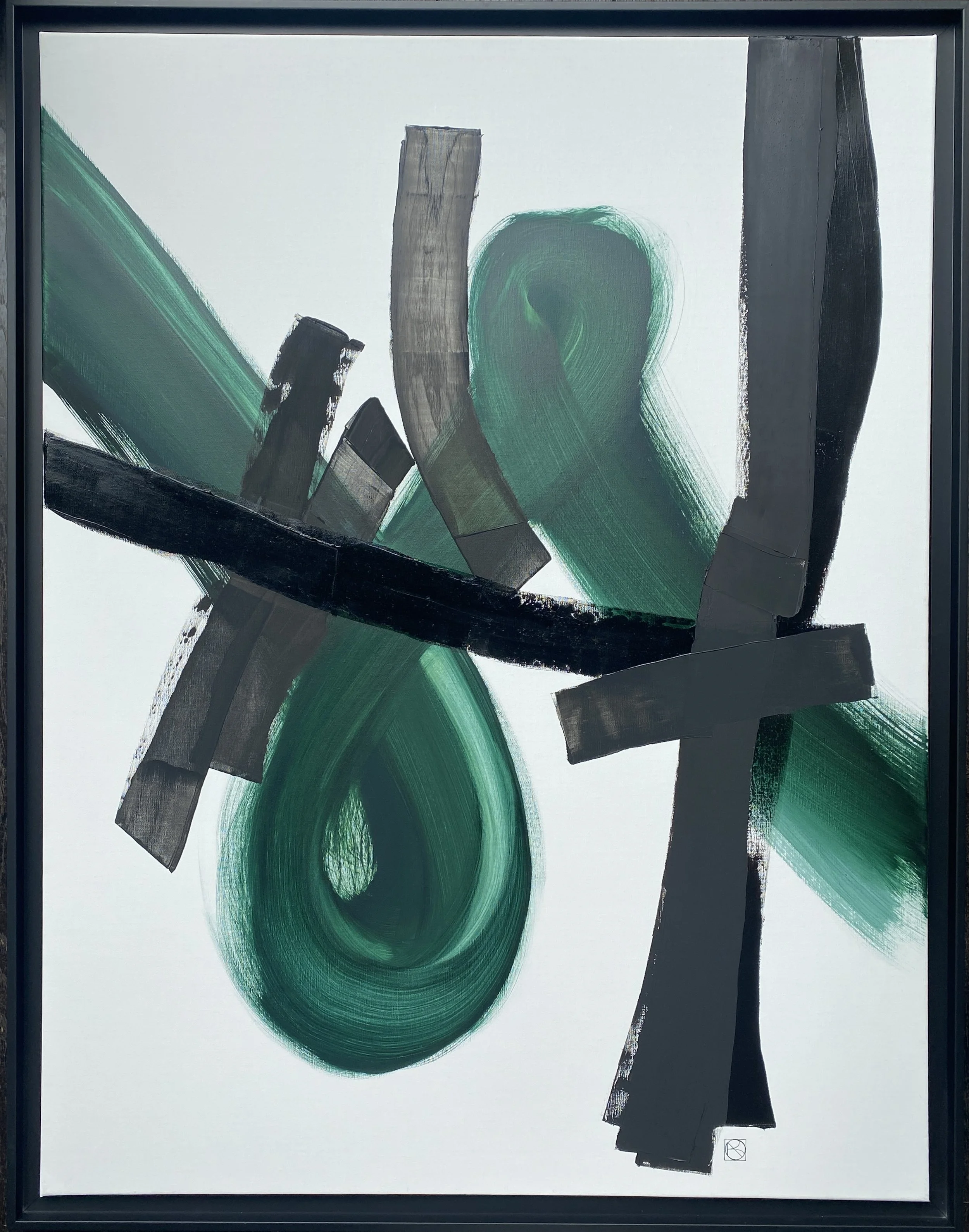 Huile sur toile/Vert Noir/89X116 dans caisse américaine bois noir 96X122