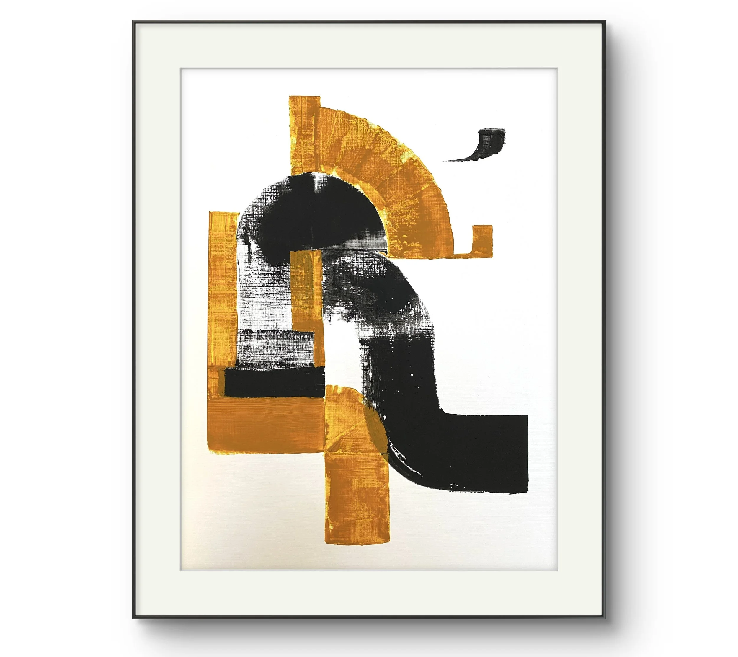 Huile sur papier toilé/ocre et noir/ 30X40 dans cadre aluminium noir et PP 40X50