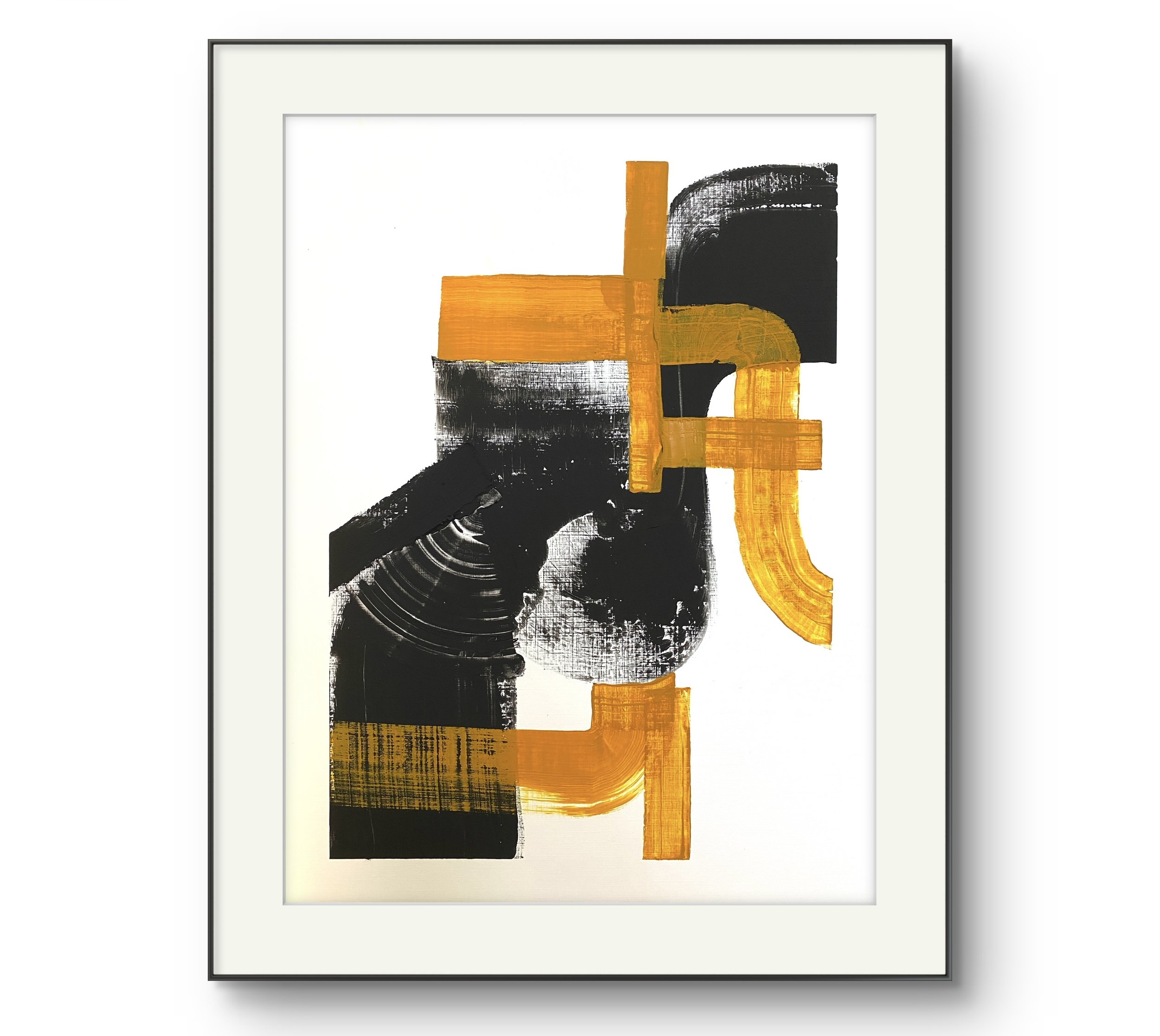 Huile sur papier toilé/ocre et noir/ 30X40 dans cadre aluminium noir et PP 40X50