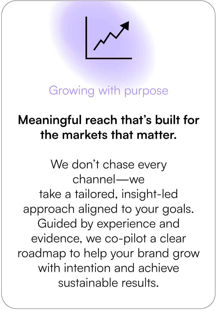 Text with a line graph icon and the phrases 'Growing with purpose' and 'Meaningful reach that's built for the markets that matter.'