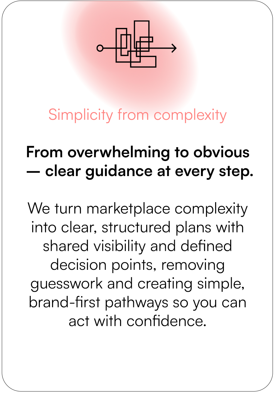 An infographic with a circuit diagram and the phrase 'Simplicity from complexity'. The text emphasizes turning overwhelming complexity into clear guidance with structured plans and decision points.