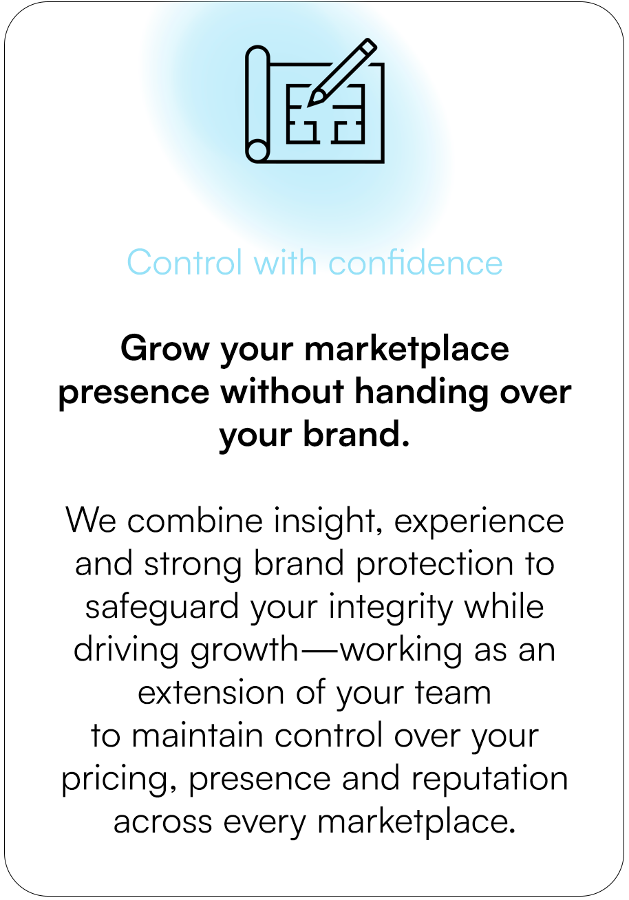 A digital graphic with a blueprint and pencil icon at the top, and the text 'Control with confidence' in light blue. Below, bold black text reads, 'Grow your marketplace presence without handing over your brand.' Additional smaller text explains combining insight, experience, and strong brand protection to safeguard integrity while driving growth as an extension of your team.