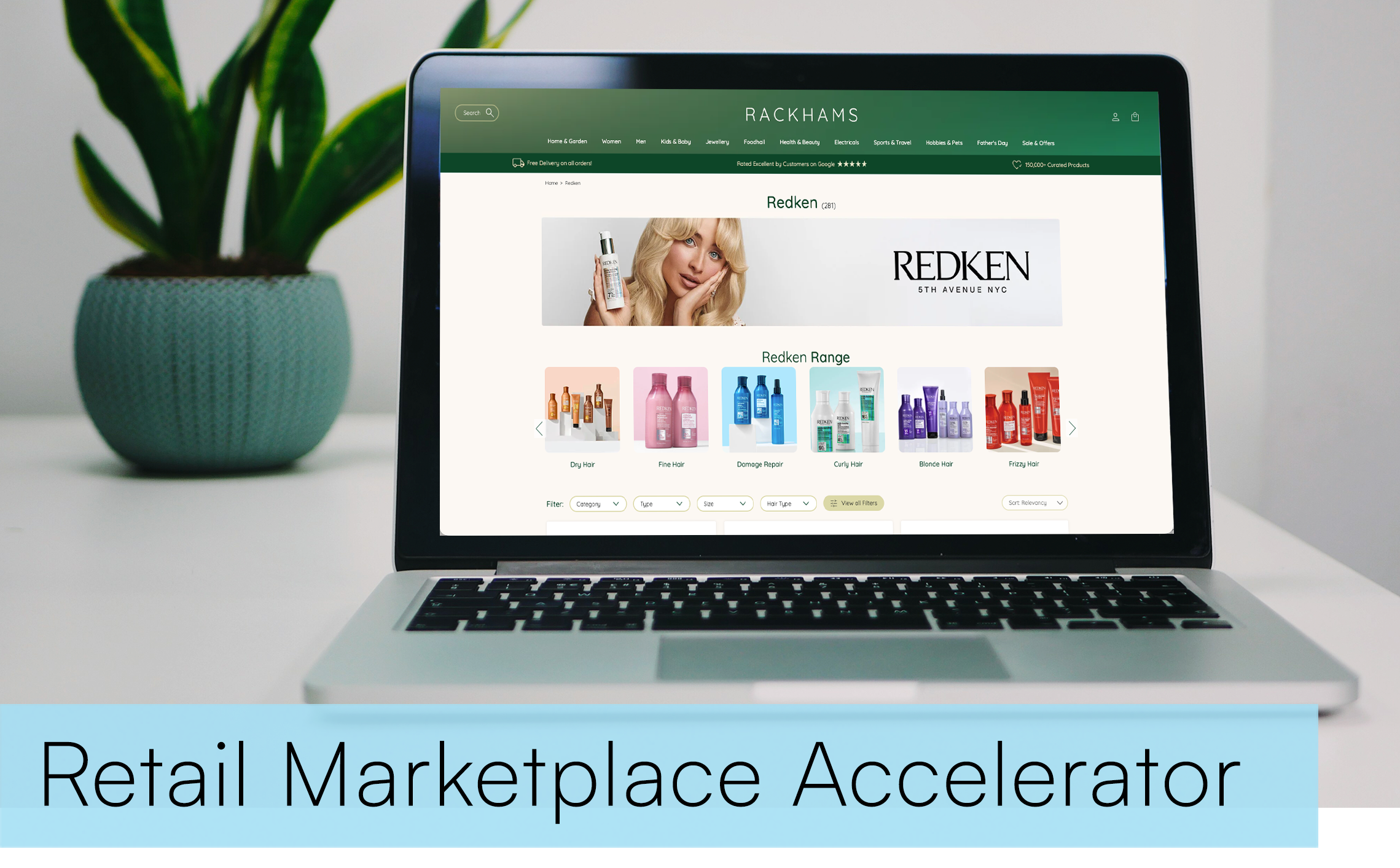 A laptop displaying an online store called 'RACKHAMS' with various hair care products, positioned next to a potted plant on a white surface. The image includes a blue overlay with the text 'Retail Marketplace Accelerator'.