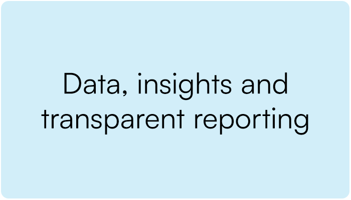 Light blue background with black text that says "Data, insights and transparent reporting."