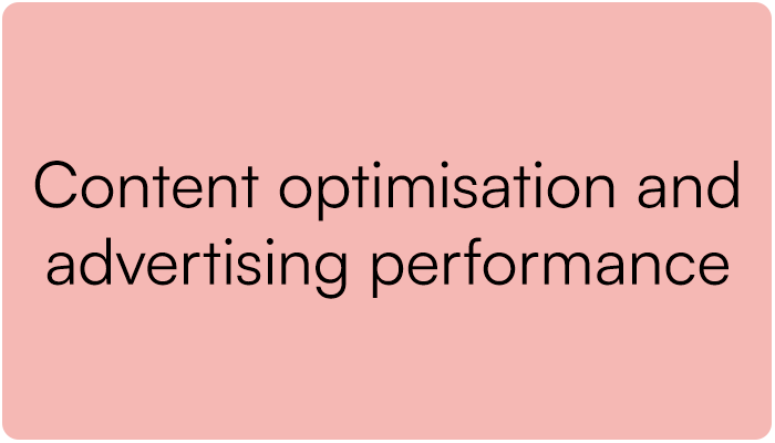 A pink background with black text that reads 'Content optimisation and advertising performance'.