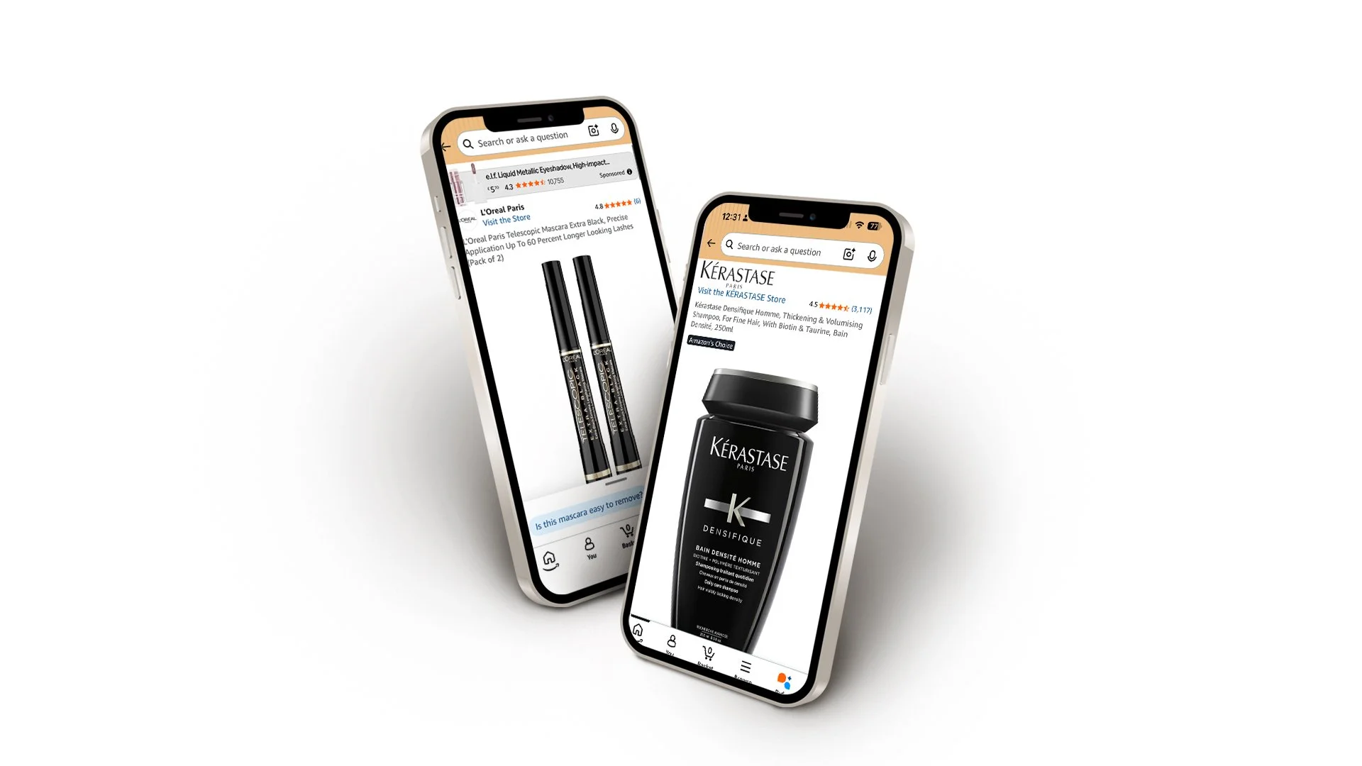 Two smartphones displaying online shopping of beauty products, one shows mascara, the other shows hair care shampoo.