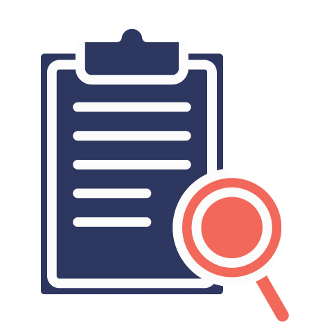 Clipboard and magnifying glass signifying internal audit inspection and review.