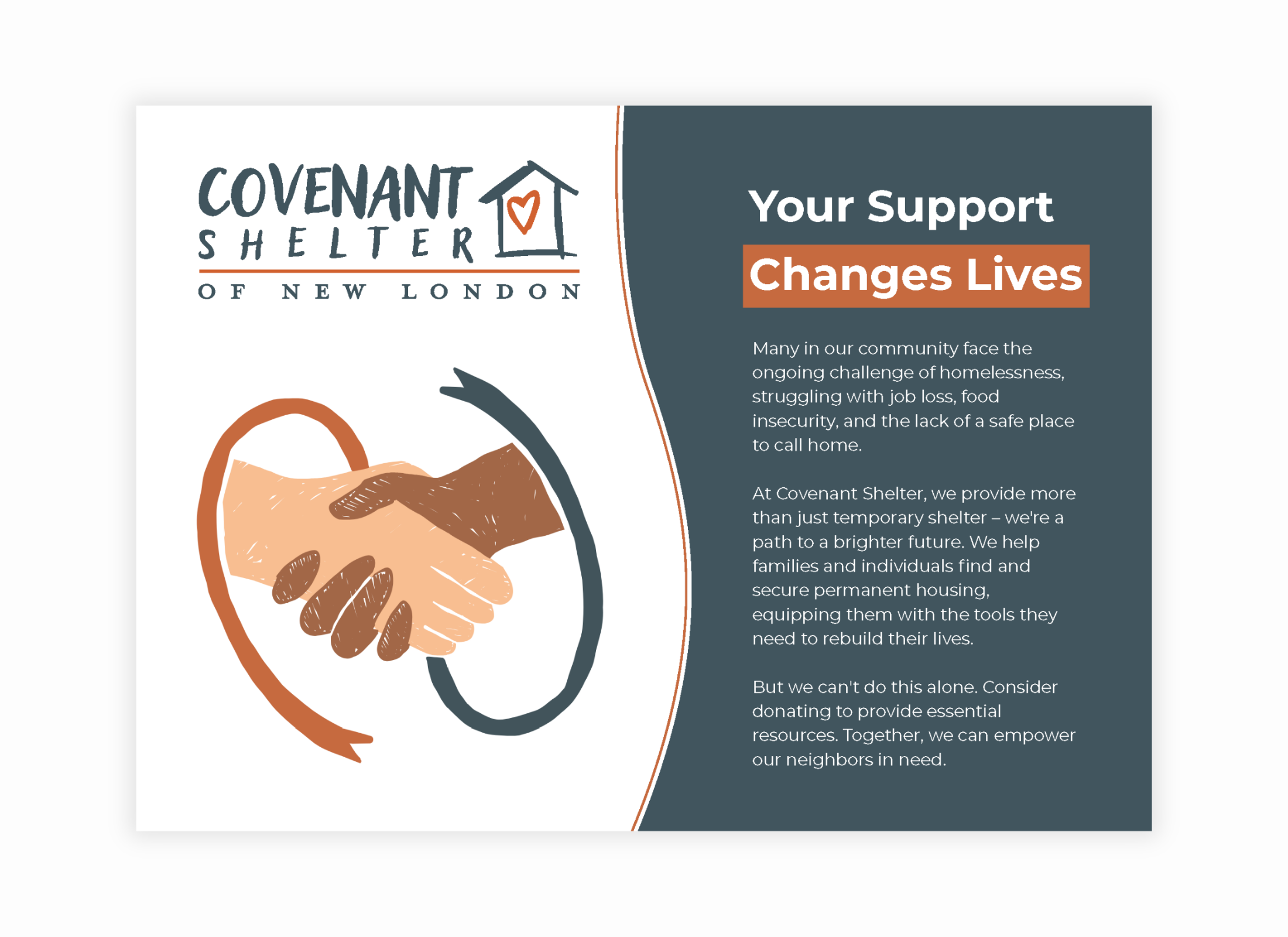 A postcard-sized marketing piece to be used as a general recruitment tool for donations and volunteers 