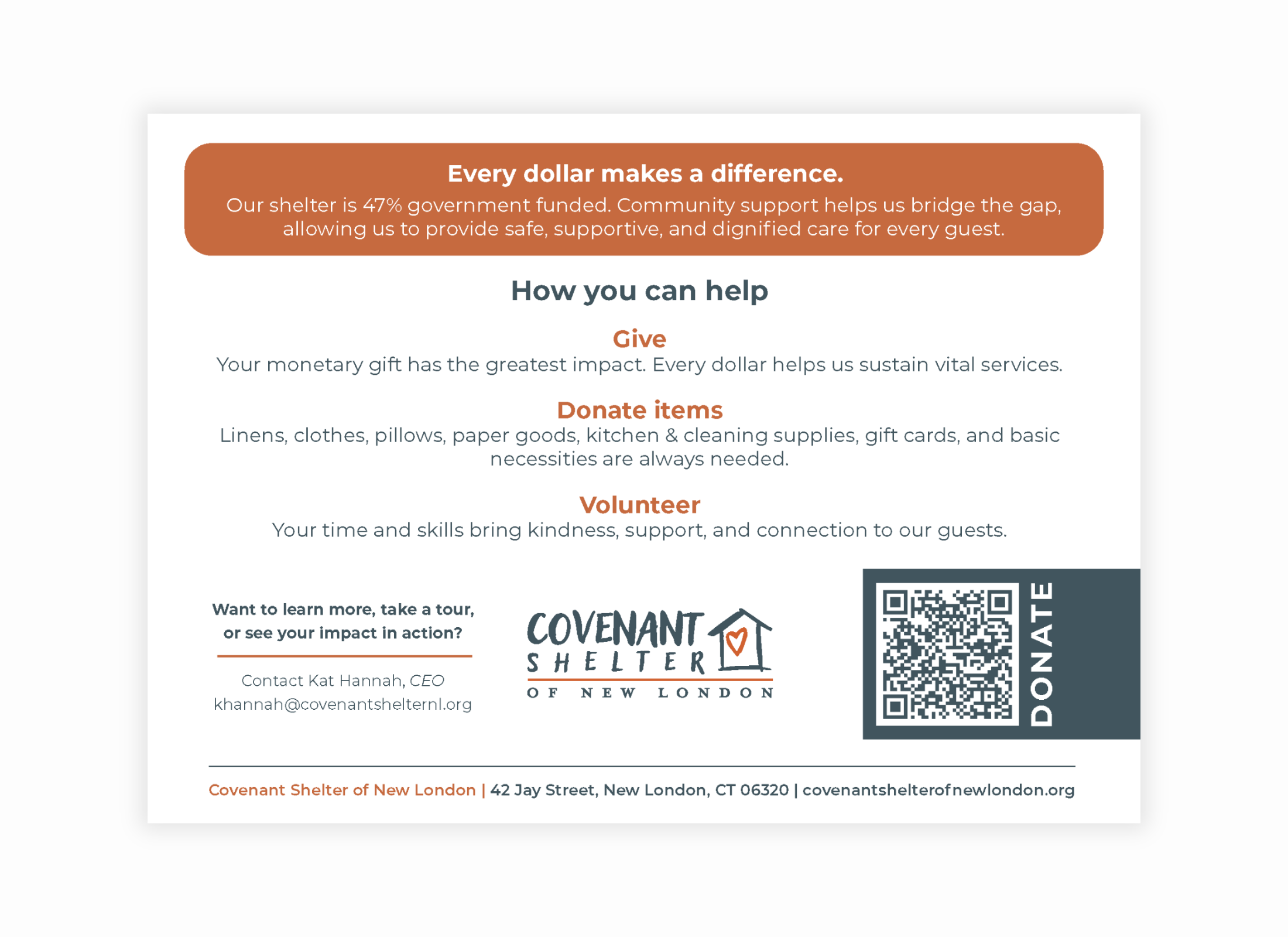 A postcard-sized marketing piece to be used as a general recruitment tool for donations and volunteers 
