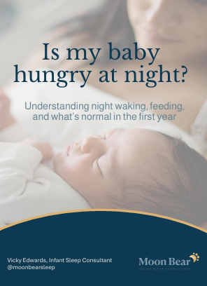 A sleeping baby contact napping overlaid with text asking is my baby hungry at night. information about night feeds and sleep in the first year