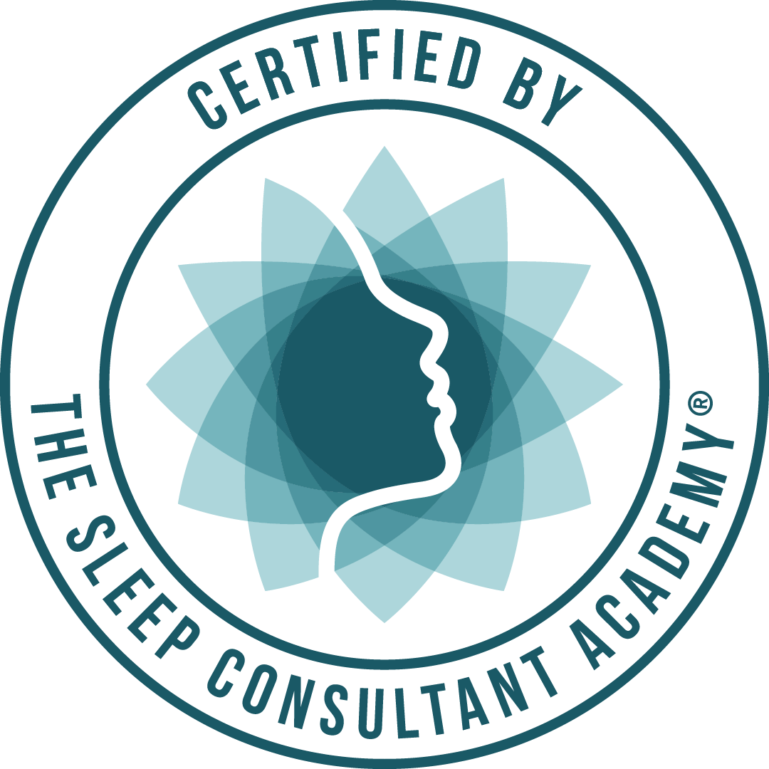 Seal with a profile of a woman's face, surrounded by a lotus flower pattern, with text around it that reads 'Certified by The Sleep Consultant Academy'.