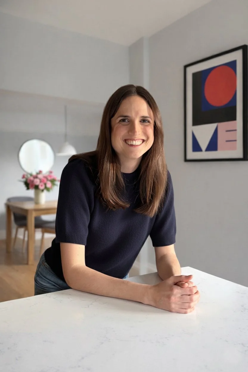 A woman with shoulder-length brown hair, smiling and leaning on a white kitchen counter in a modern, well-lit room with a colorful abstract art piece on the wall and a table with pink flowers in the background.