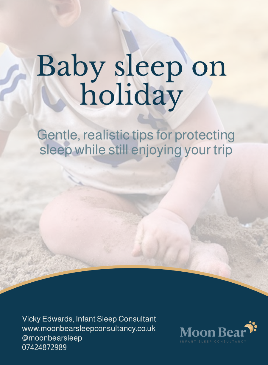 baby on beach, baby sleep on holiday guide, tips for safe sleeping on holiday from Moon Bear Infant Sleep Consultancy.