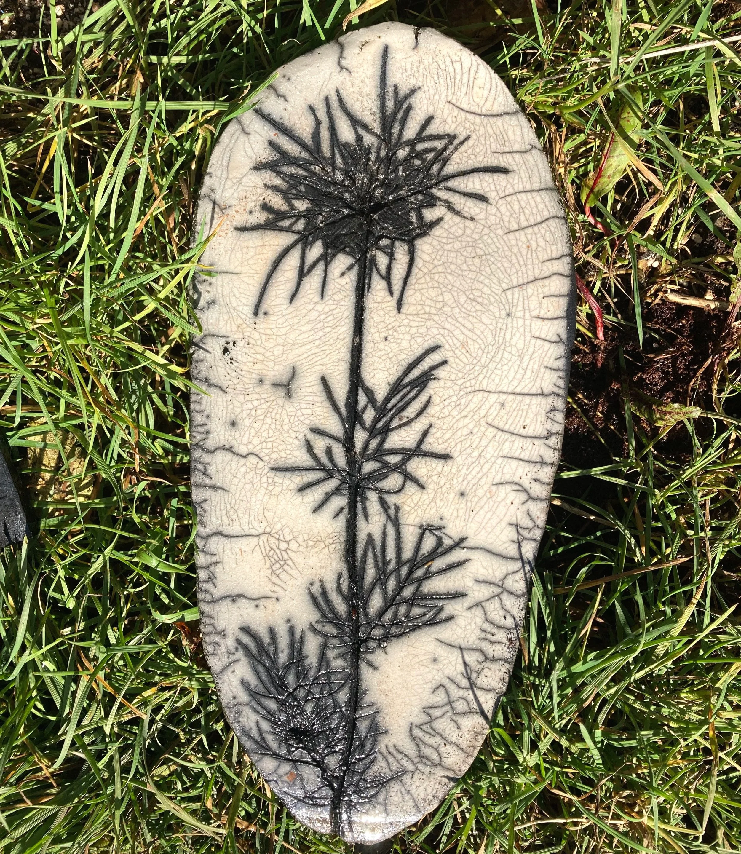 Pflanze auf einer ovalen Keramikplatte im Rakustil im Gras.