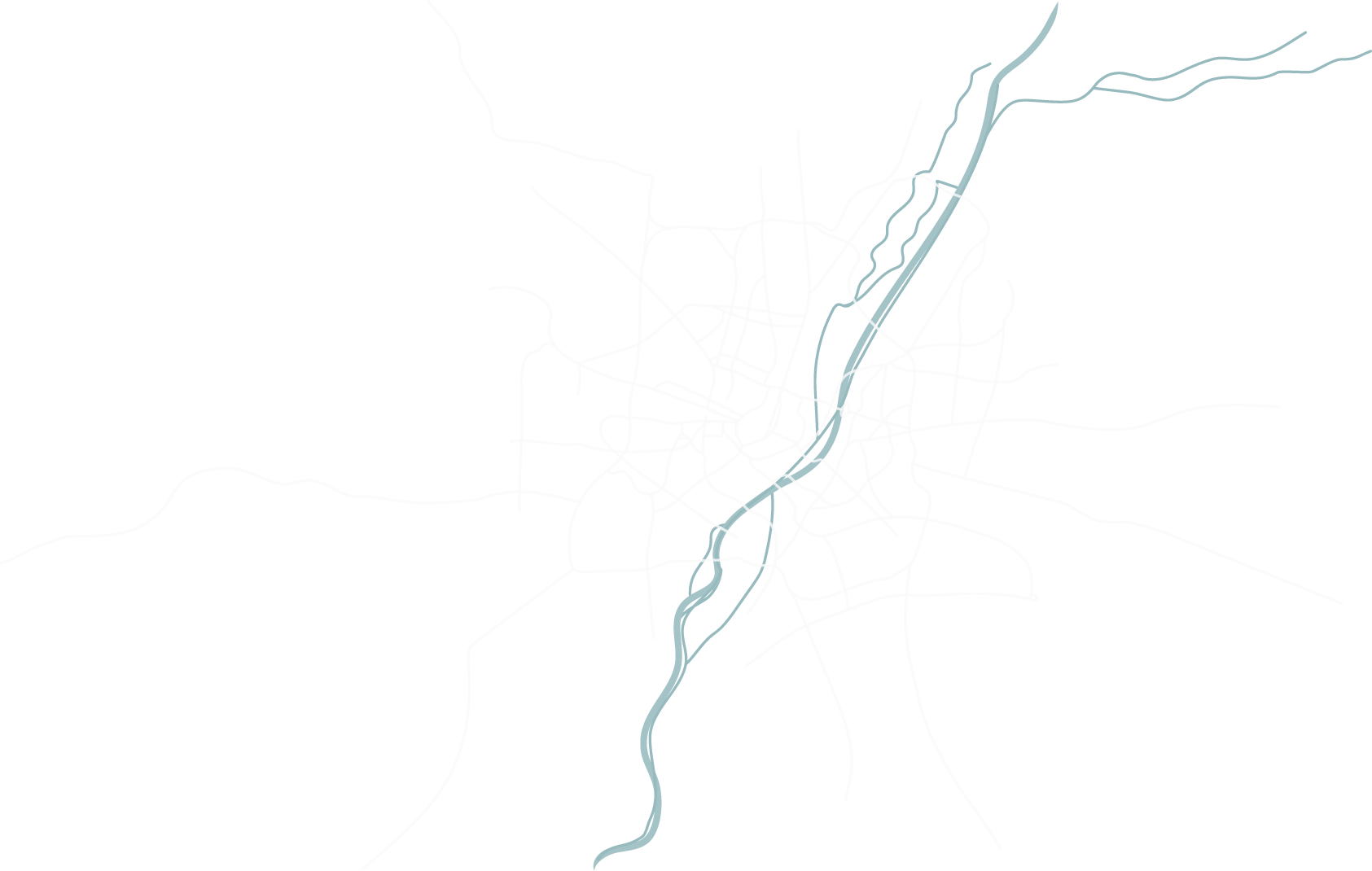 Stadtkarte von München mit weißen Straßenlinien auf schwarzem Hintergrund und blauer Flusslinie.