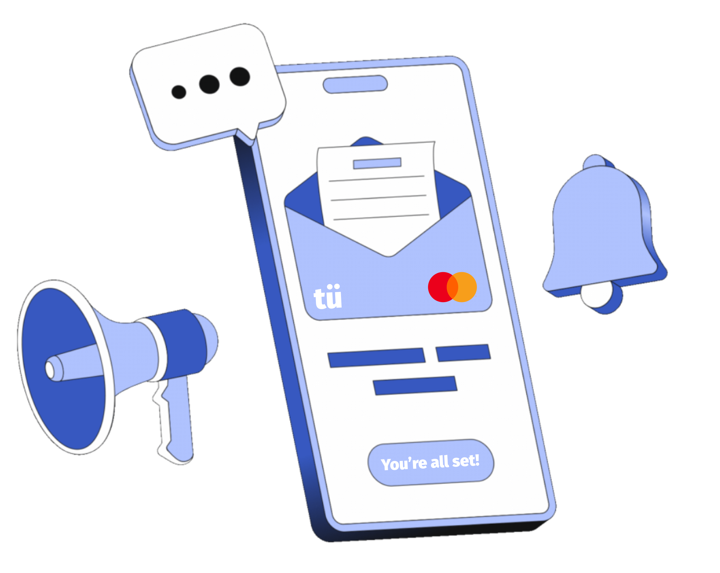 Illustration of a mobile phone displaying an email with a message that says 'You're all set!', surrounded by notification icons like a speech bubble with ellipsis, a bell, and a megaphone