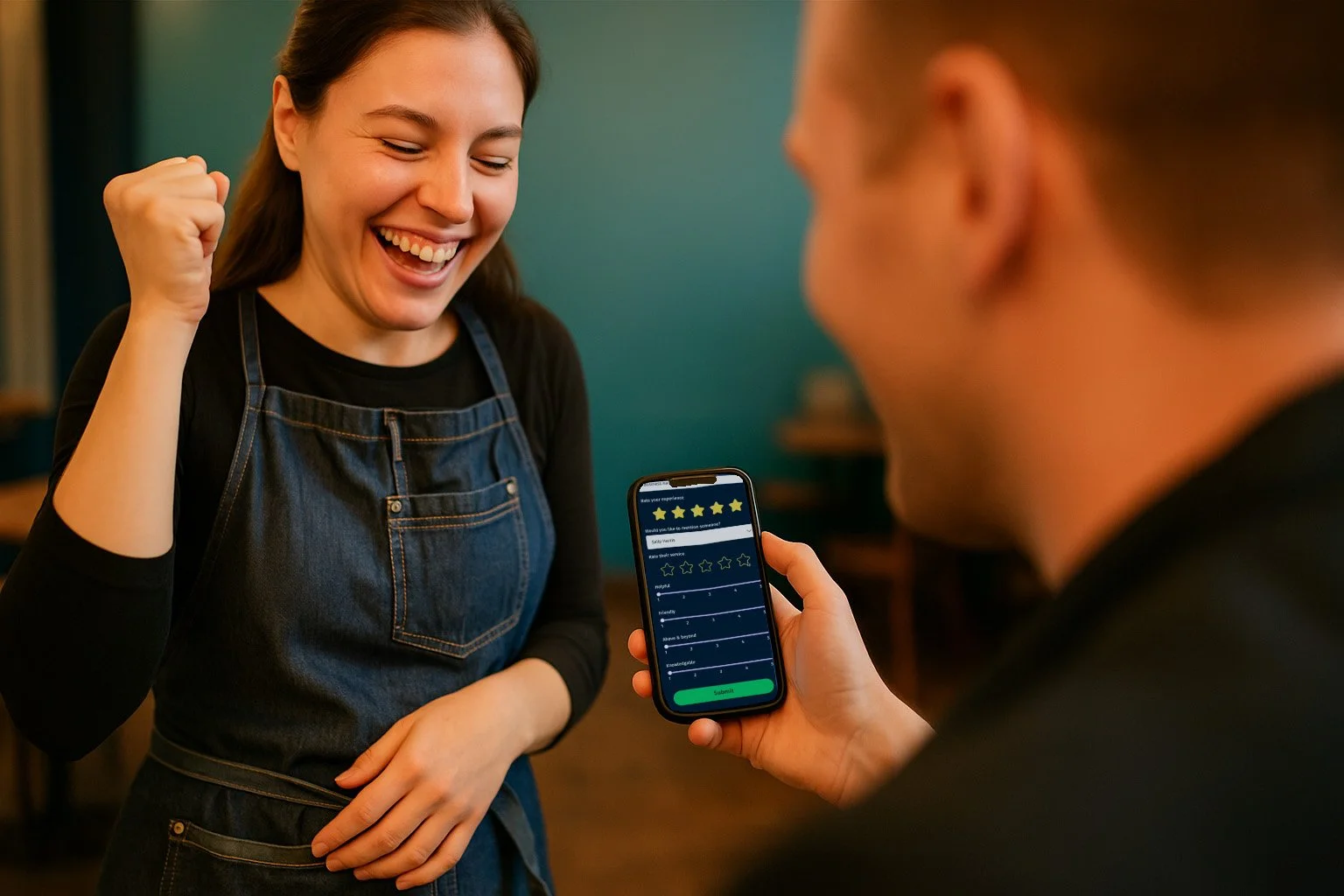 A woman smiling excitedly with her fist raised, as another person holds a smartphone displaying a five-star rating survey.