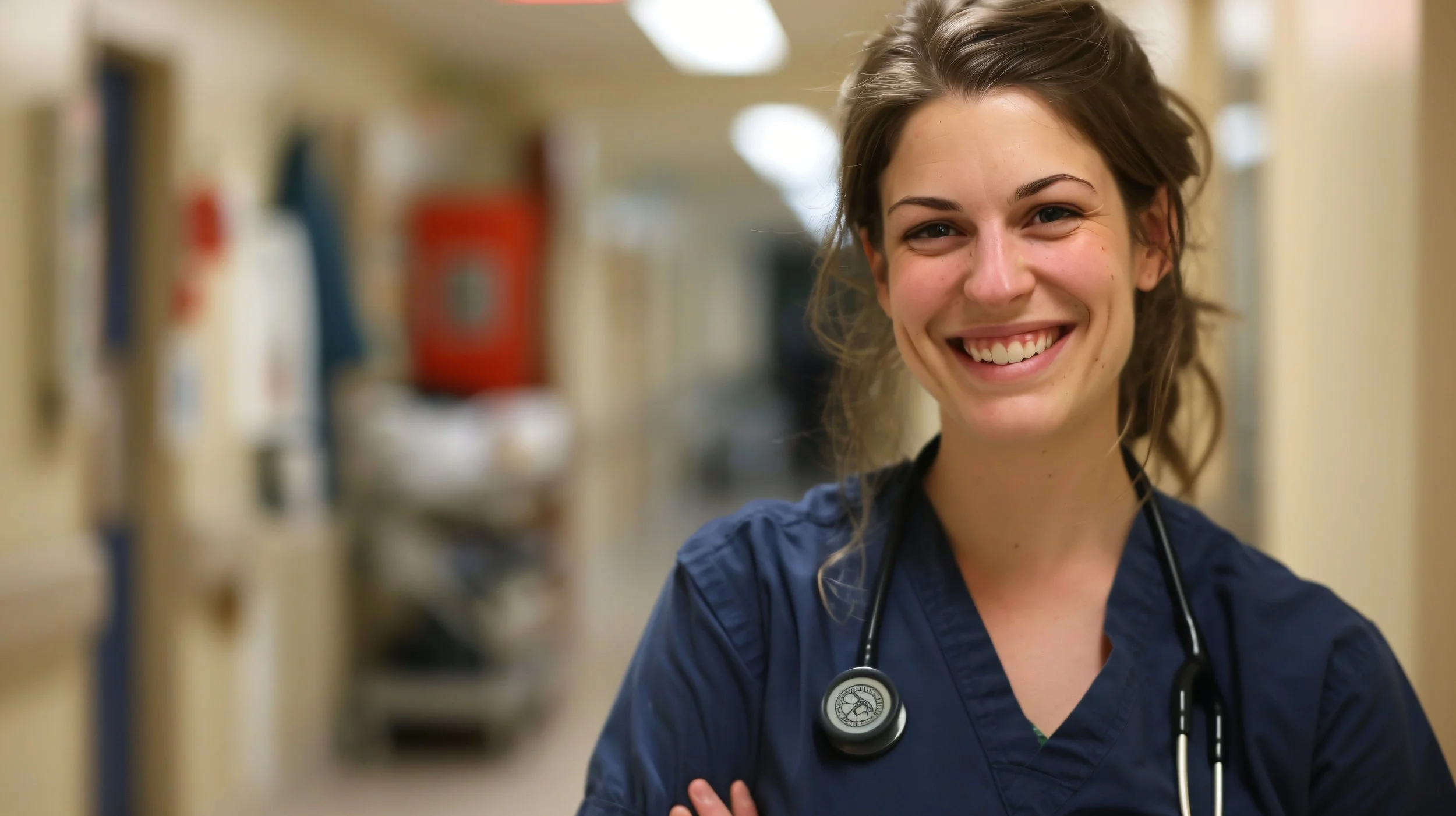 A smiling female healthcare professional wearing navy scrubs and a stethoscope around her neck, standing in a hospital hallway.
