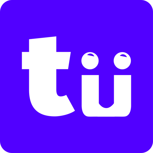 Bright purple background with black stylized letters 't' and 'u' with decorative eyes