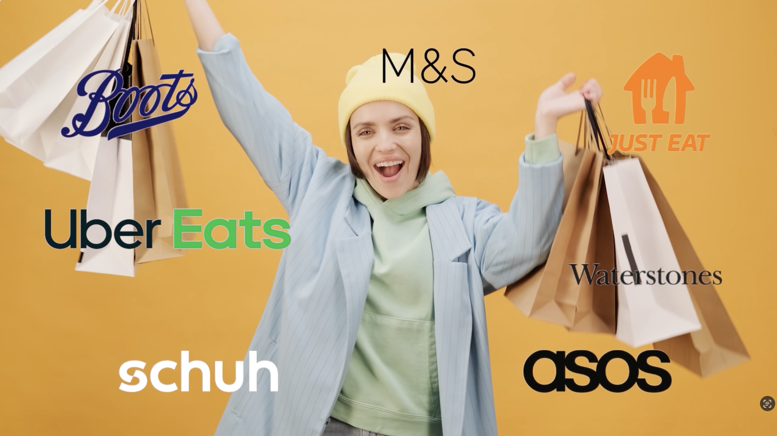A woman in a yellow hat and light green shirt holding shopping bags with logos of Boots, M&S, Uber Eats, Just Eat, Waterstones, Schuh, and ASOS on a yellow background=